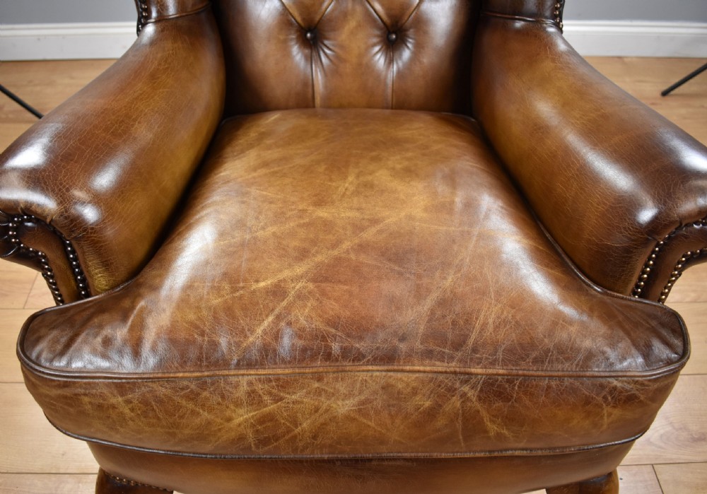 Antique Hand Dyed Leather Wing Back Armchair View X