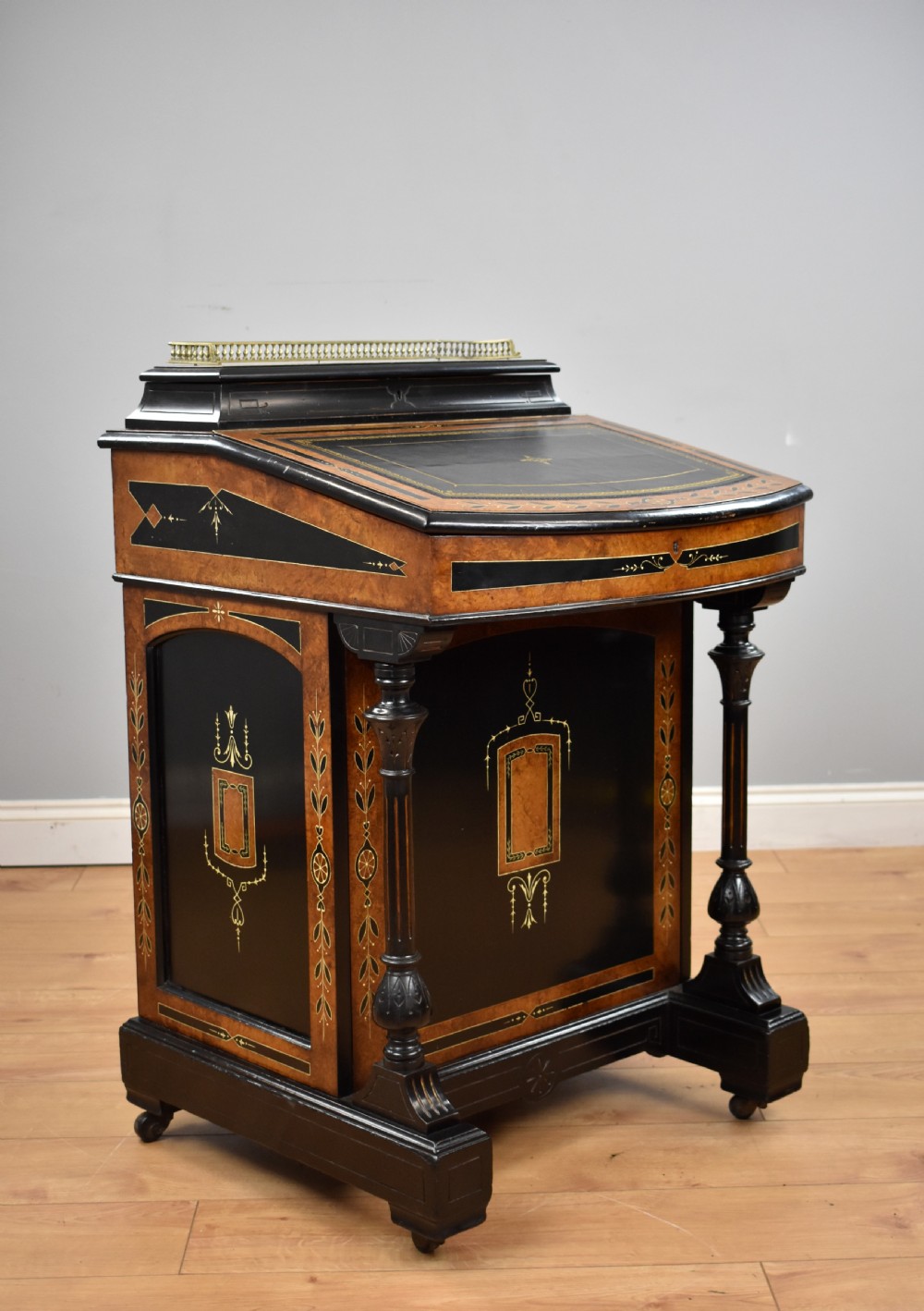Victorian Ebony and Amboyna Inlaid Davenport
