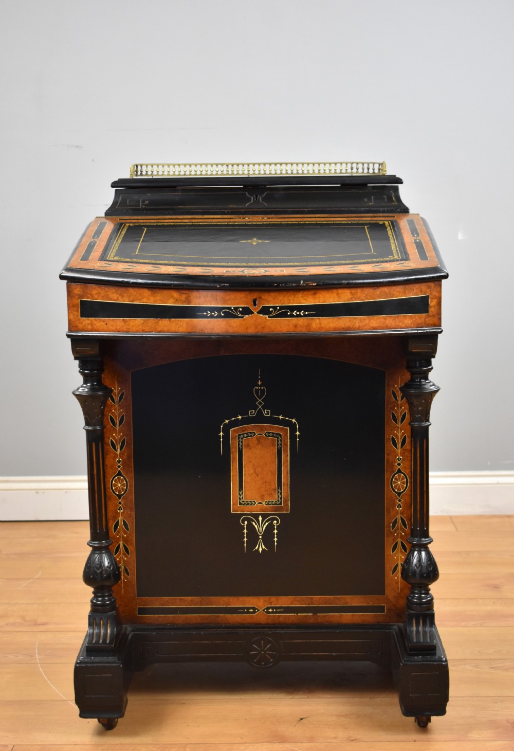 Victorian Ebony and Amboyna Inlaid Davenport View II