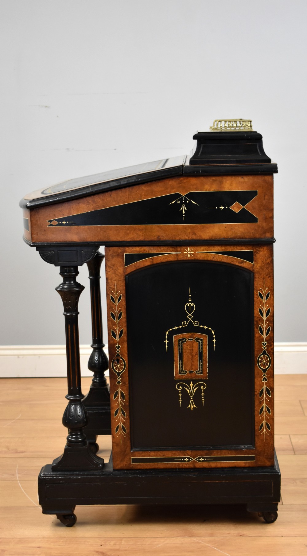 Victorian Ebony and Amboyna Inlaid Davenport View III