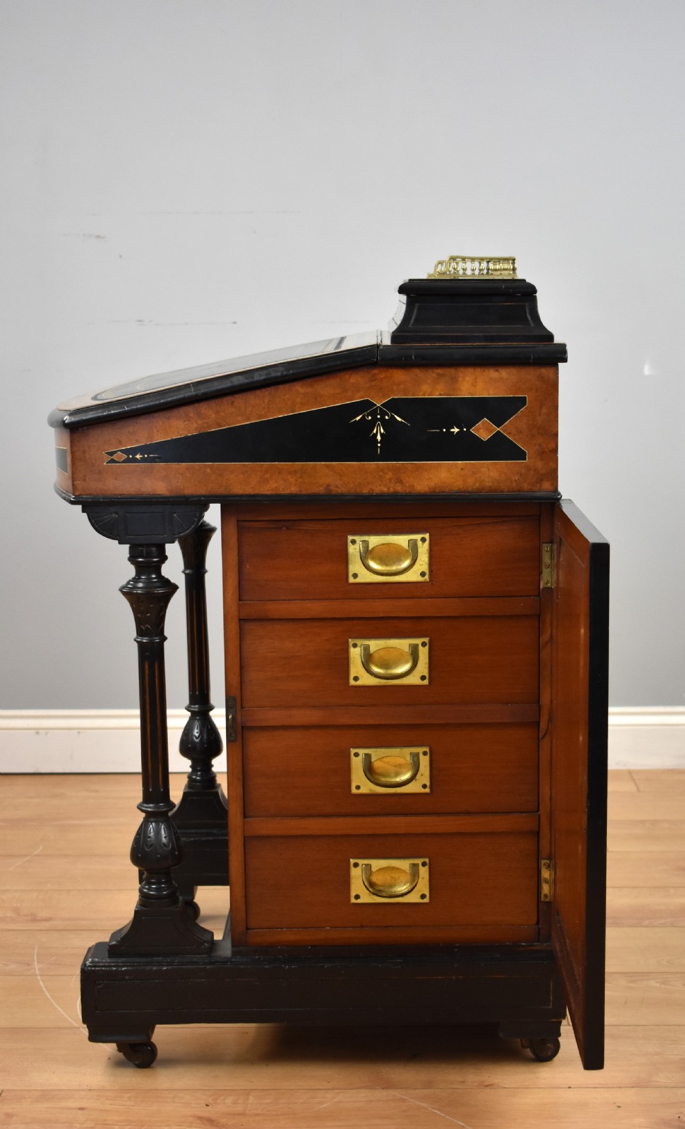 Victorian Ebony and Amboyna Inlaid Davenport View IV