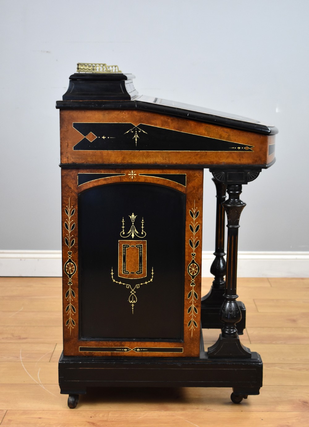 Victorian Ebony and Amboyna Inlaid Davenport View V