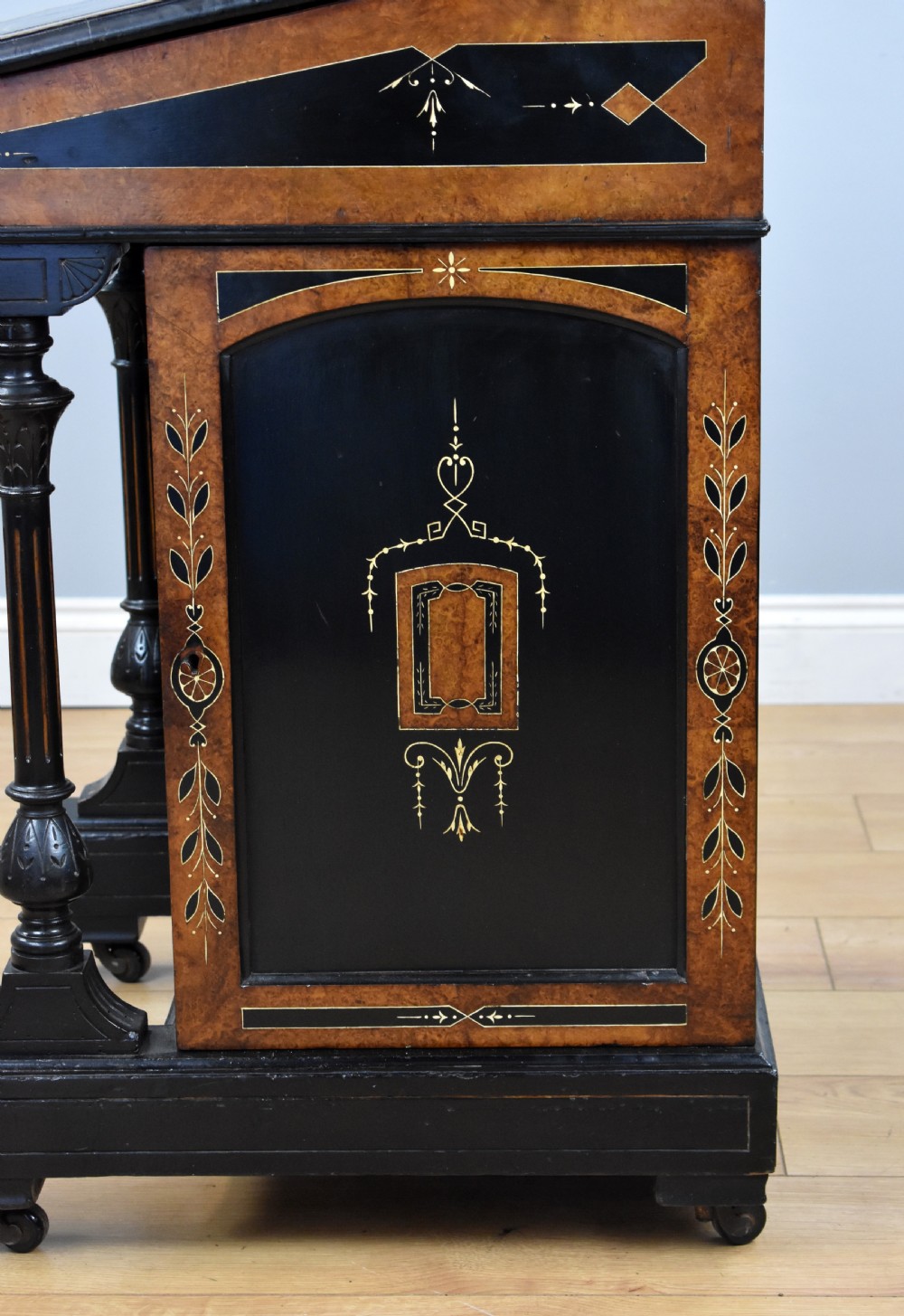 Victorian Ebony and Amboyna Inlaid Davenport View VII