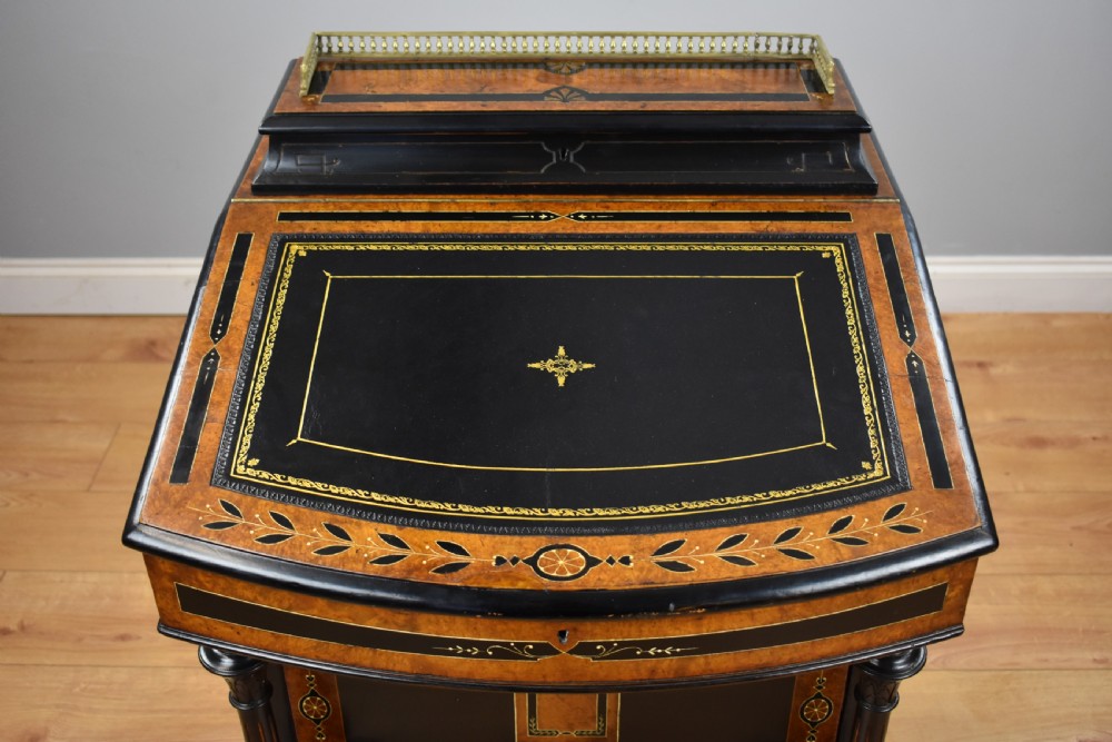 Victorian Ebony and Amboyna Inlaid Davenport View X