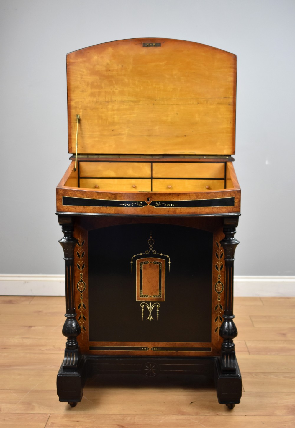 Victorian Ebony and Amboyna Inlaid Davenport View XII