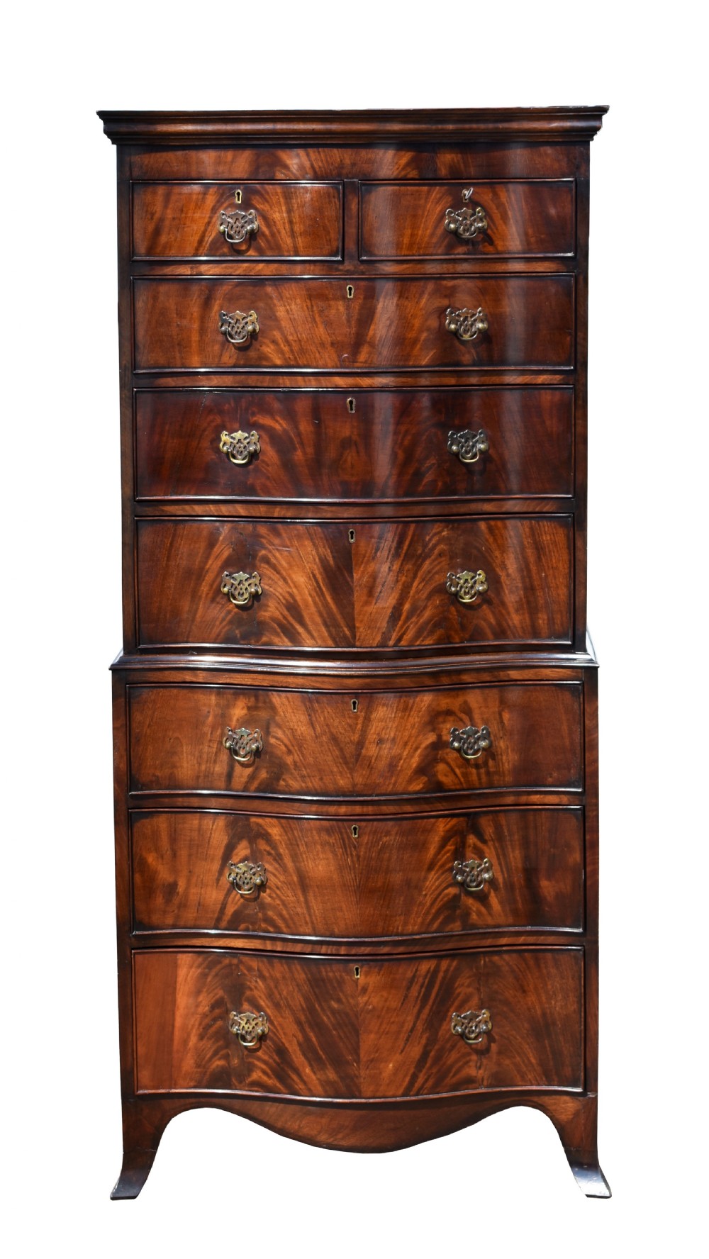 Edwardian Flame Mahogany Serpentine Chest on Chest