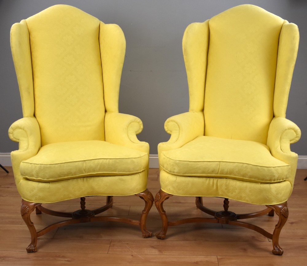 Pair of Queen Anne Style Wing Back Armchairs