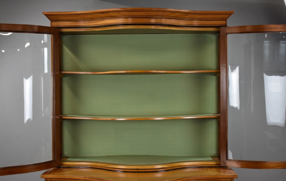 A 19th-century satinwood display cabinet featuring a serpentine glazed upper section and inlaid lower cupboard doors. View XI