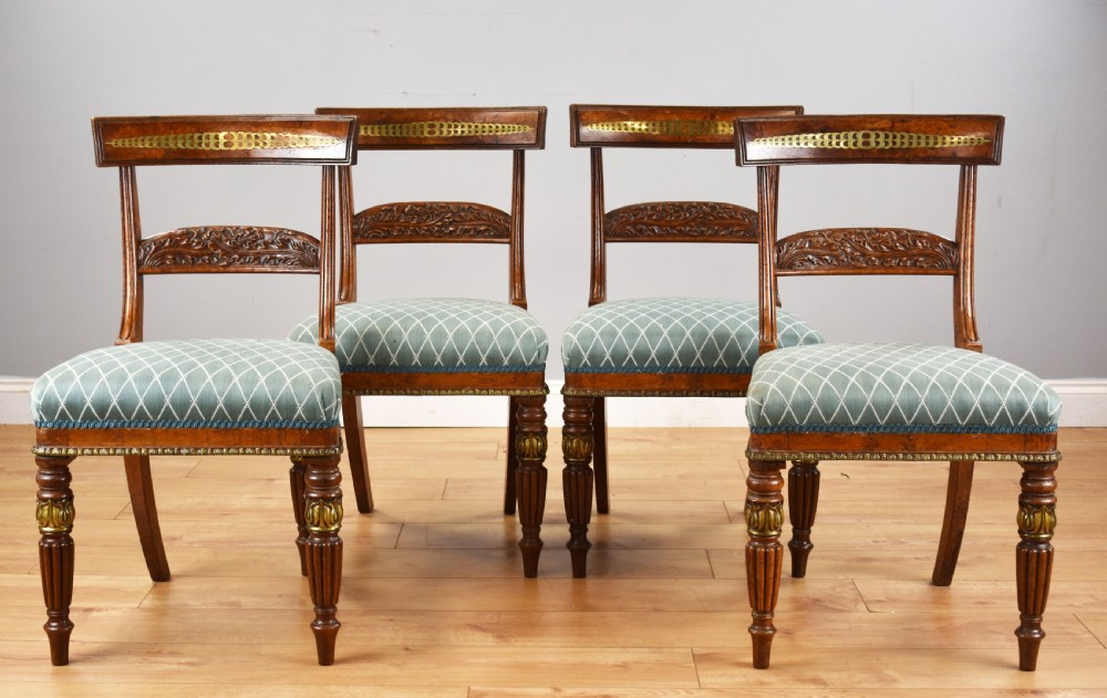 Set of 4 Regency Pollard Oak and Brass Inlaid Dining Chairs