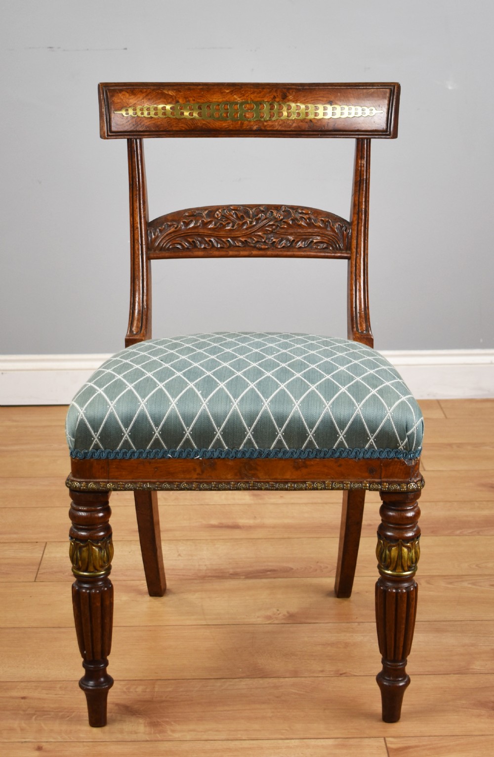 Set of 4 Regency Pollard Oak and Brass Inlaid Dining Chairs View III