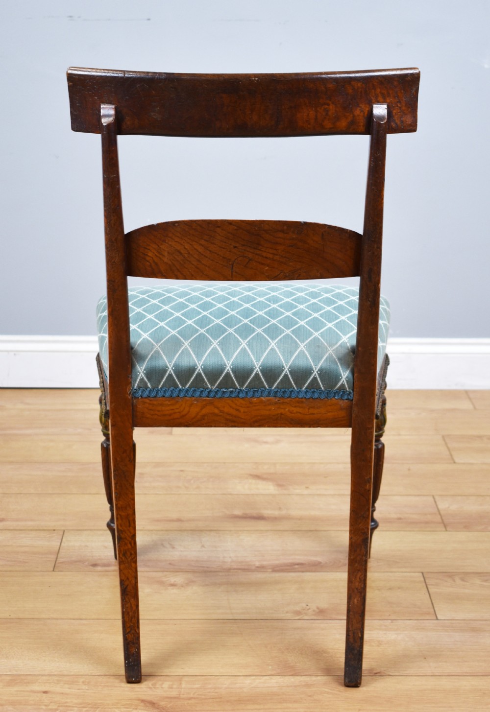 Set of 4 Regency Pollard Oak and Brass Inlaid Dining Chairs View V