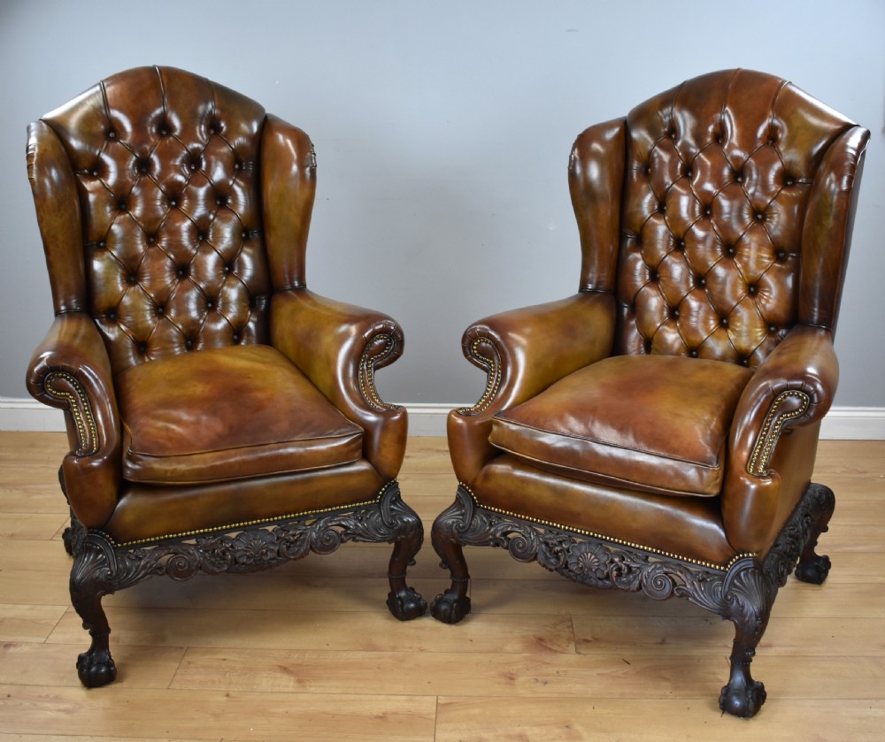 Pair of Victorian Hand Dyed Leather Wing Back Armchairs