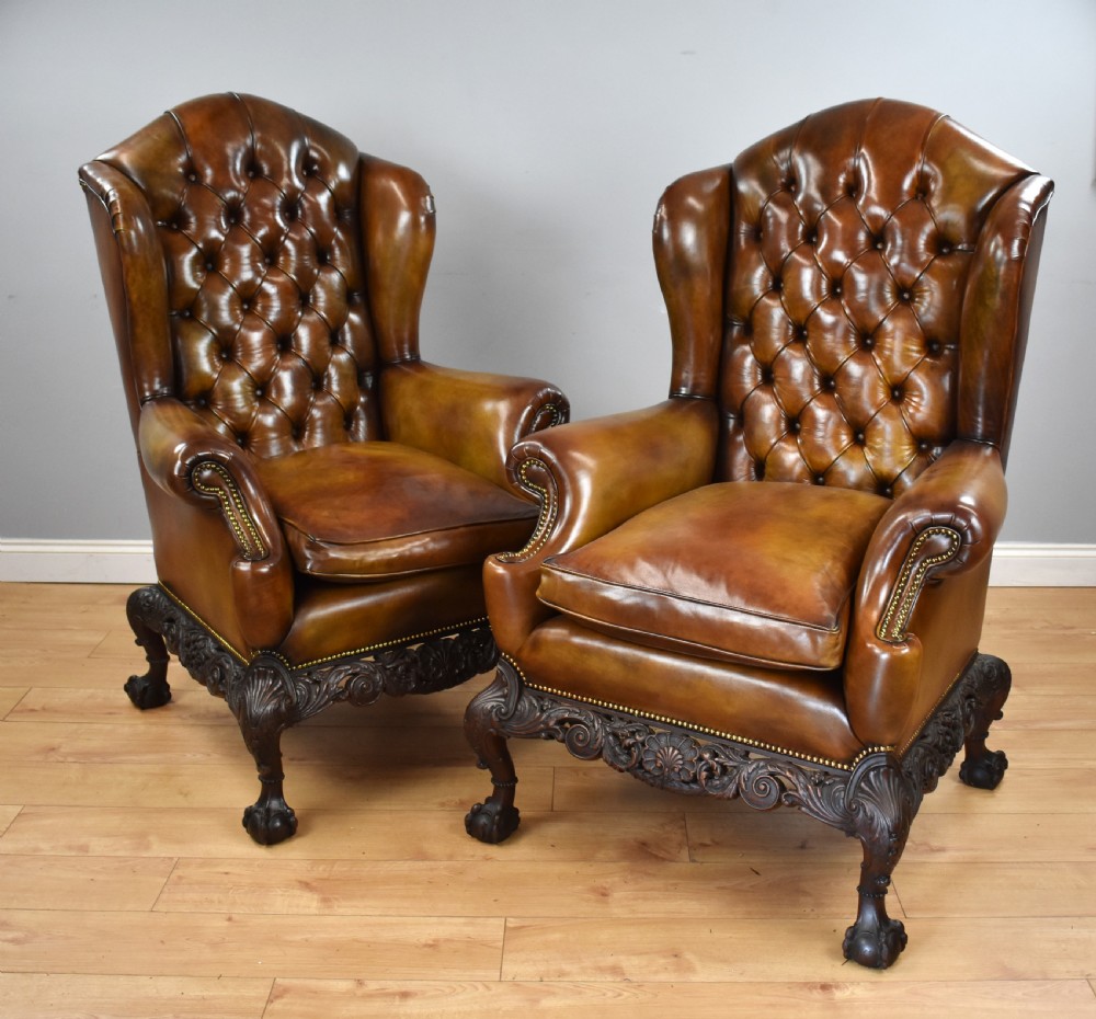 Pair of Victorian Hand Dyed Leather Wing Back Armchairs View II