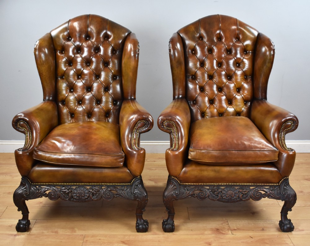 Pair of Victorian Hand Dyed Leather Wing Back Armchairs View III