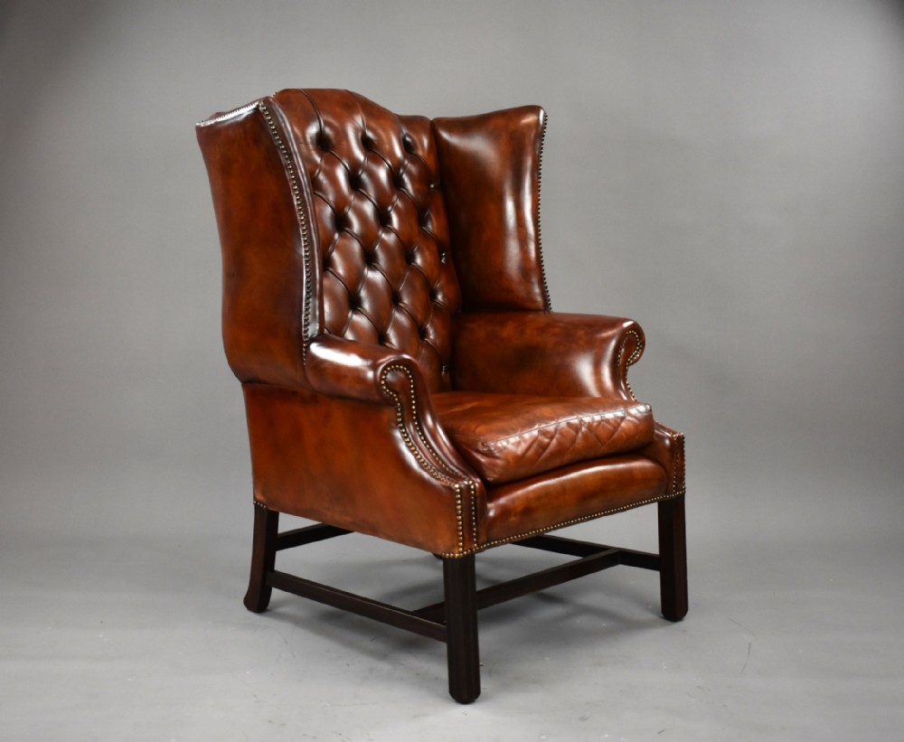 George II Style Brown Leather Hand Dyed Wingback Armchair