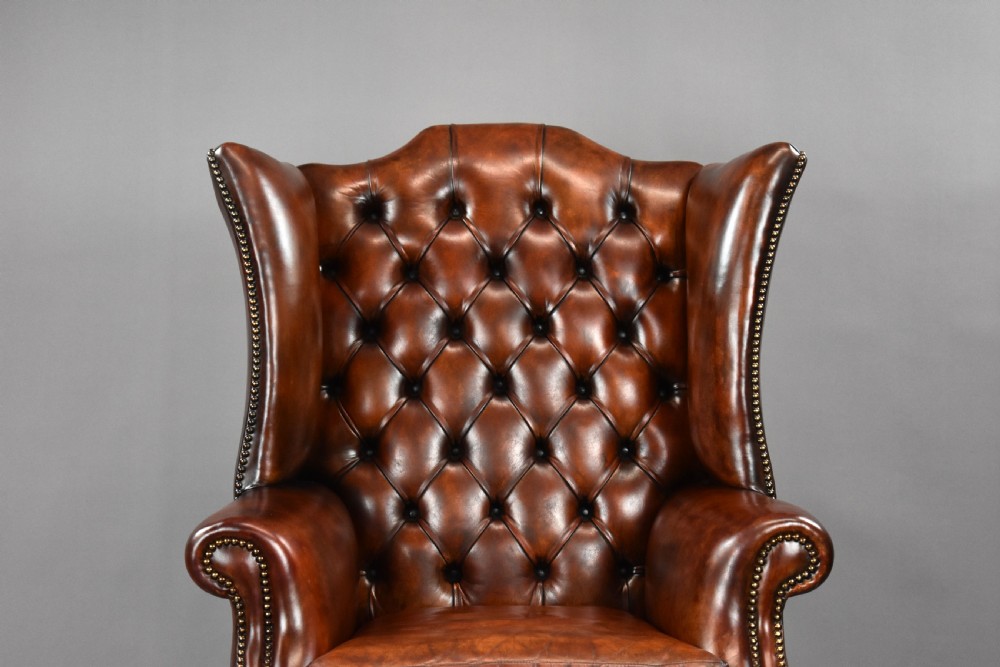 George II Style Brown Leather Hand Dyed Wingback Armchair View III