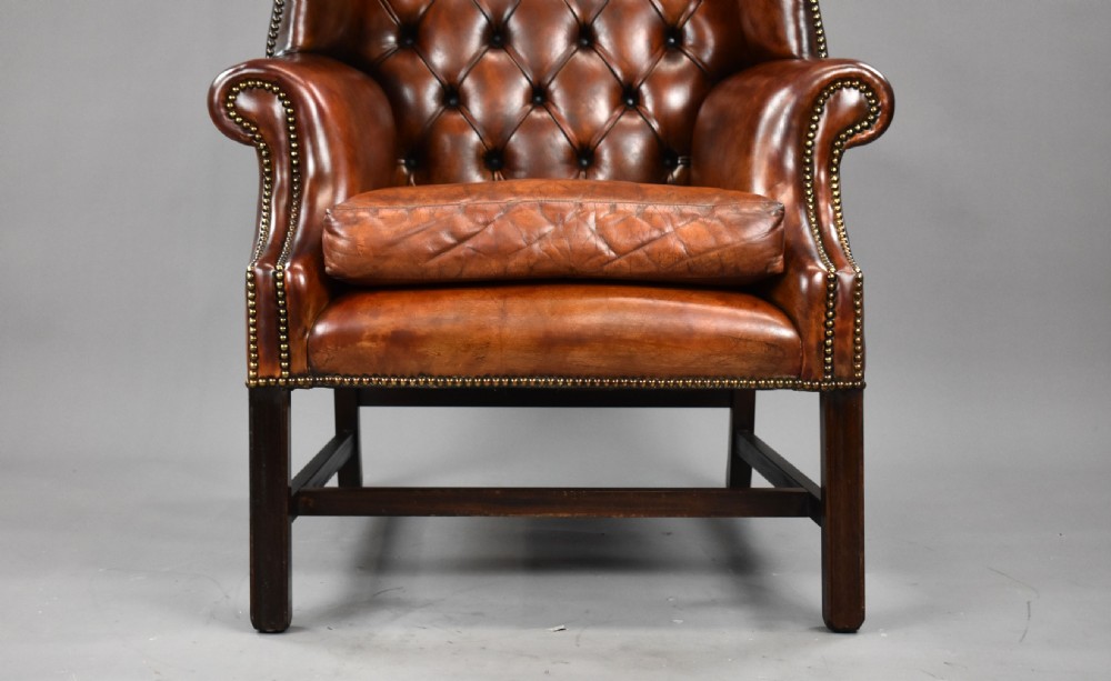 George II Style Brown Leather Hand Dyed Wingback Armchair View V