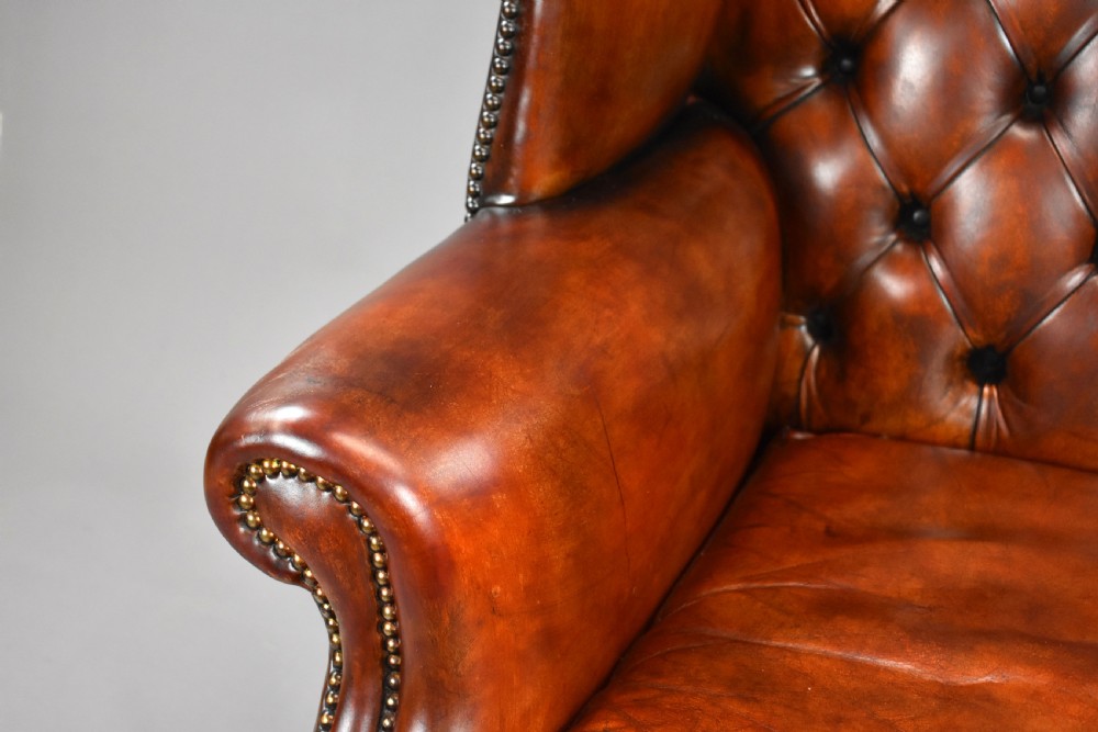 George II Style Brown Leather Hand Dyed Wingback Armchair View XI