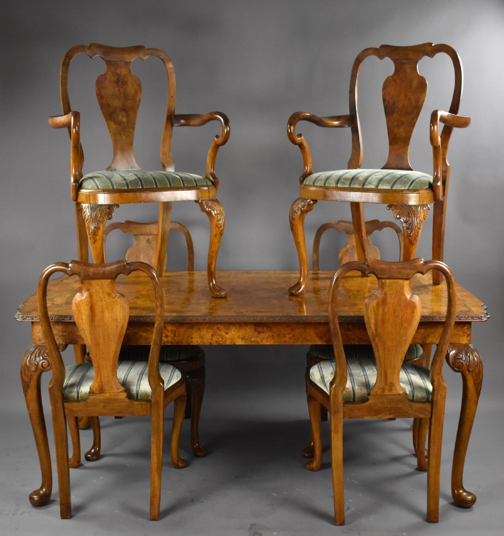 Queen Anne Style Burr Walnut Table & Chairs