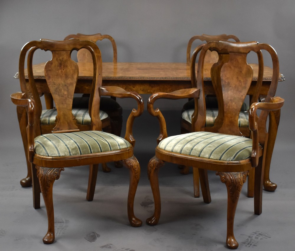 Queen Anne Style Burr Walnut Table & Chairs View II