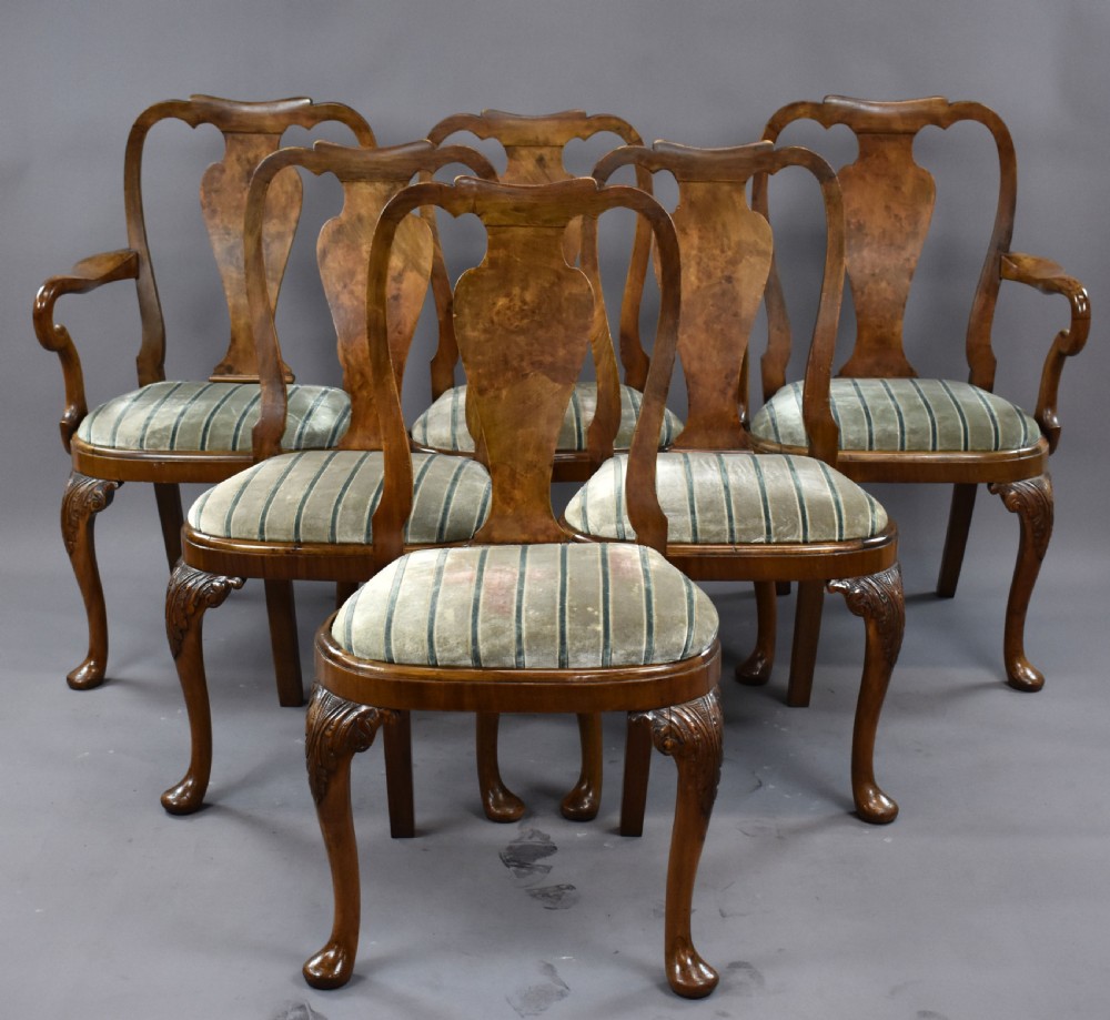 Queen Anne Style Burr Walnut Table & Chairs View IV