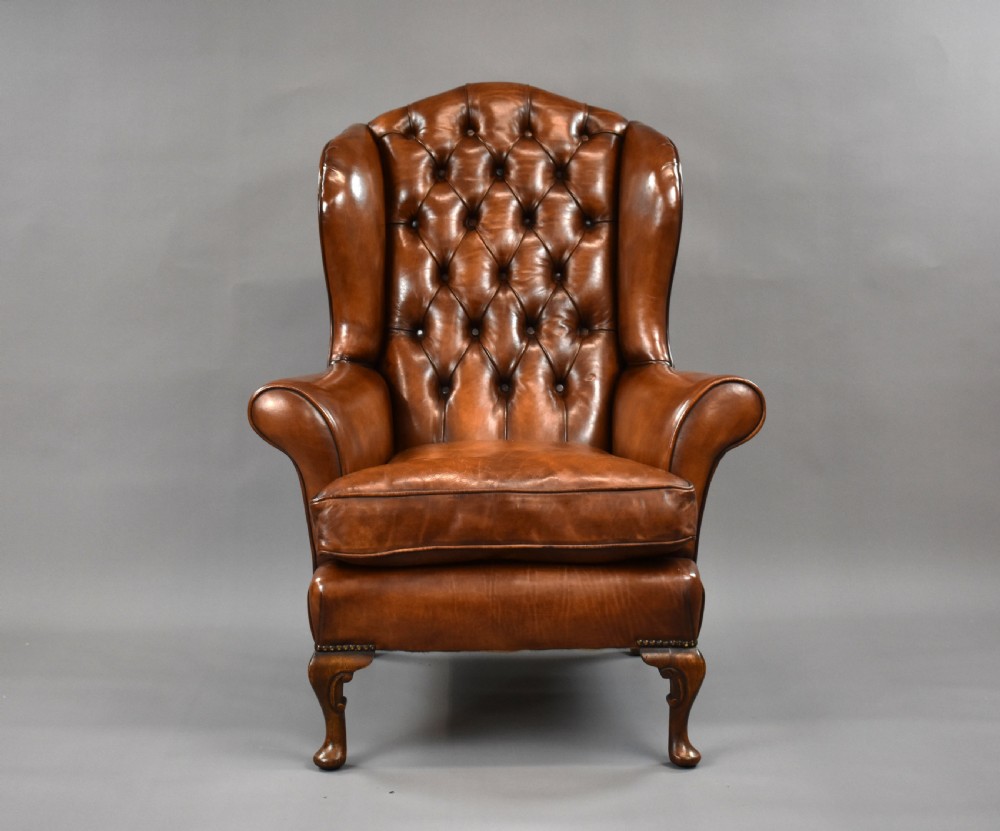 Edwardian Hand Dyed Leather Wing Back Armchair View II