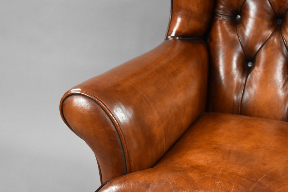 Edwardian Hand Dyed Leather Wing Back Armchair View XII