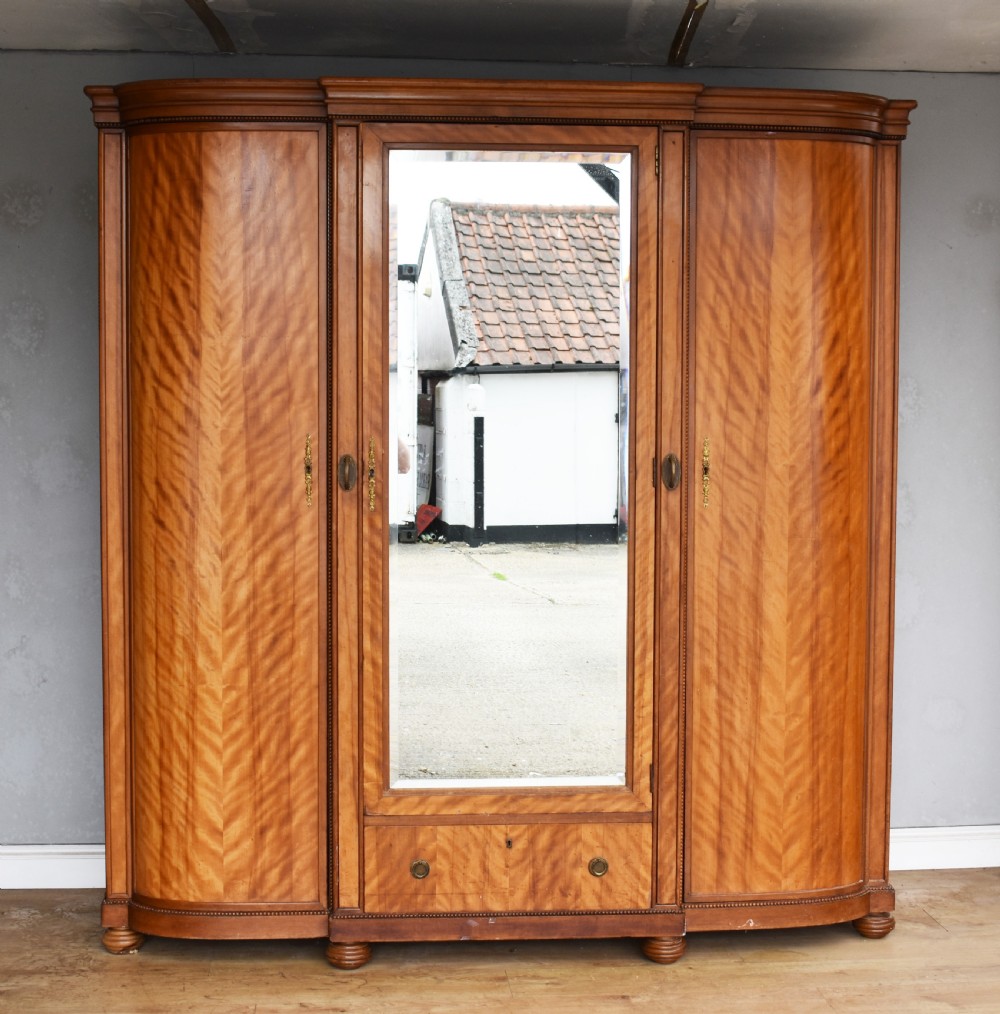 Antique Three Door Satin Birch Bow Front Wardrobe