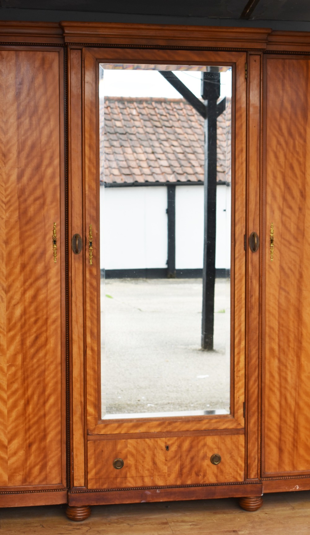 Antique Three Door Satin Birch Bow Front Wardrobe View III