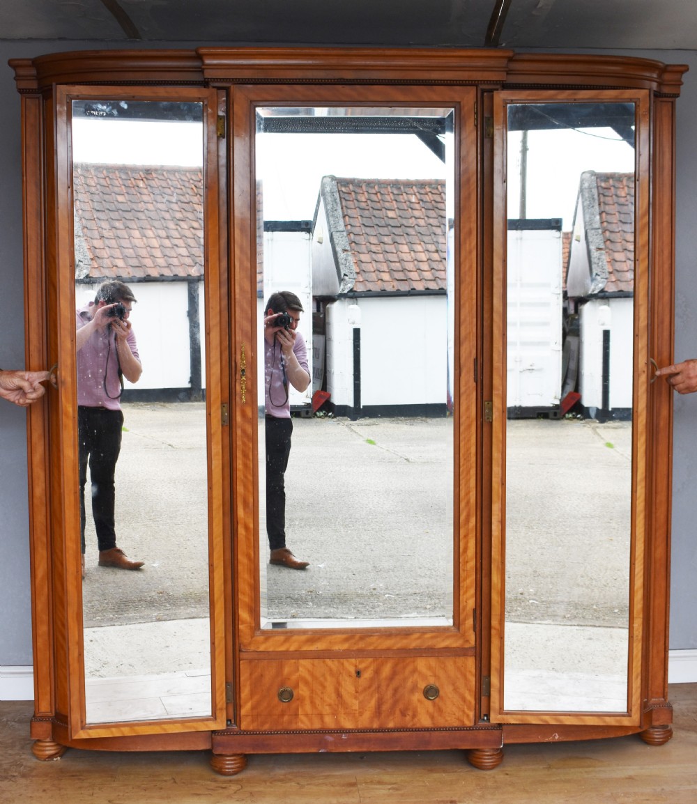 Antique Three Door Satin Birch Bow Front Wardrobe View V