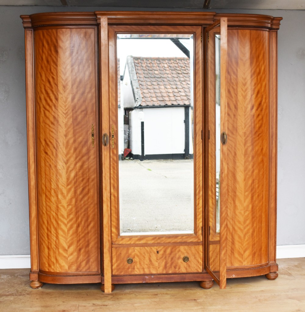 Antique Three Door Satin Birch Bow Front Wardrobe View VI