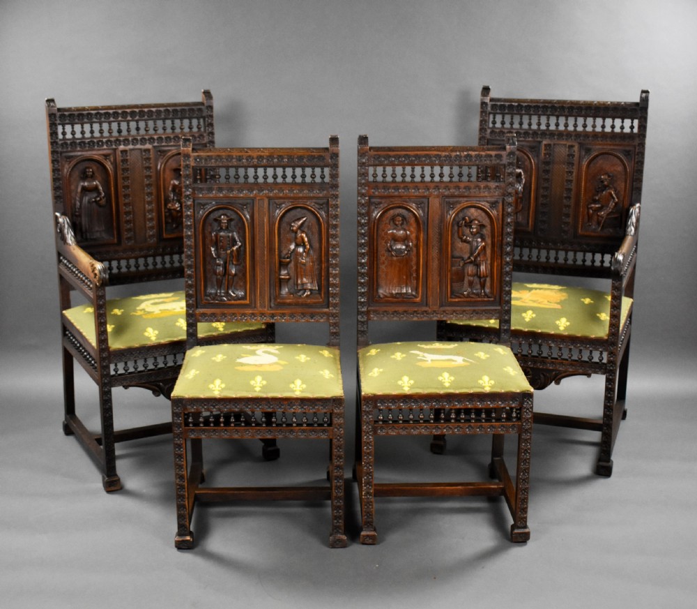 Set of 4 Carved Oak Chairs