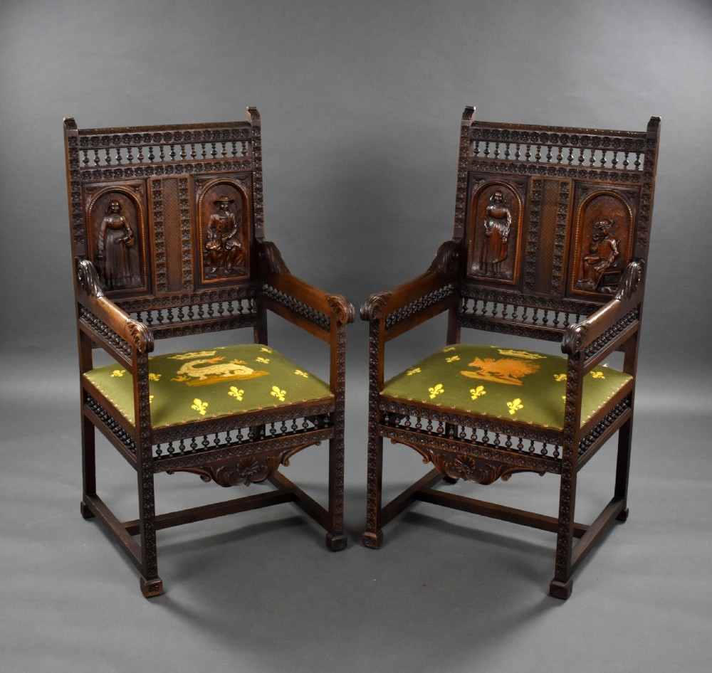 Set of 4 Carved Oak Chairs View II