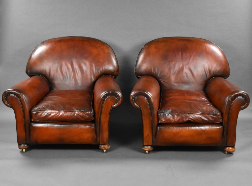 Pair of Antique Hand Dyed Leather Club Chairs