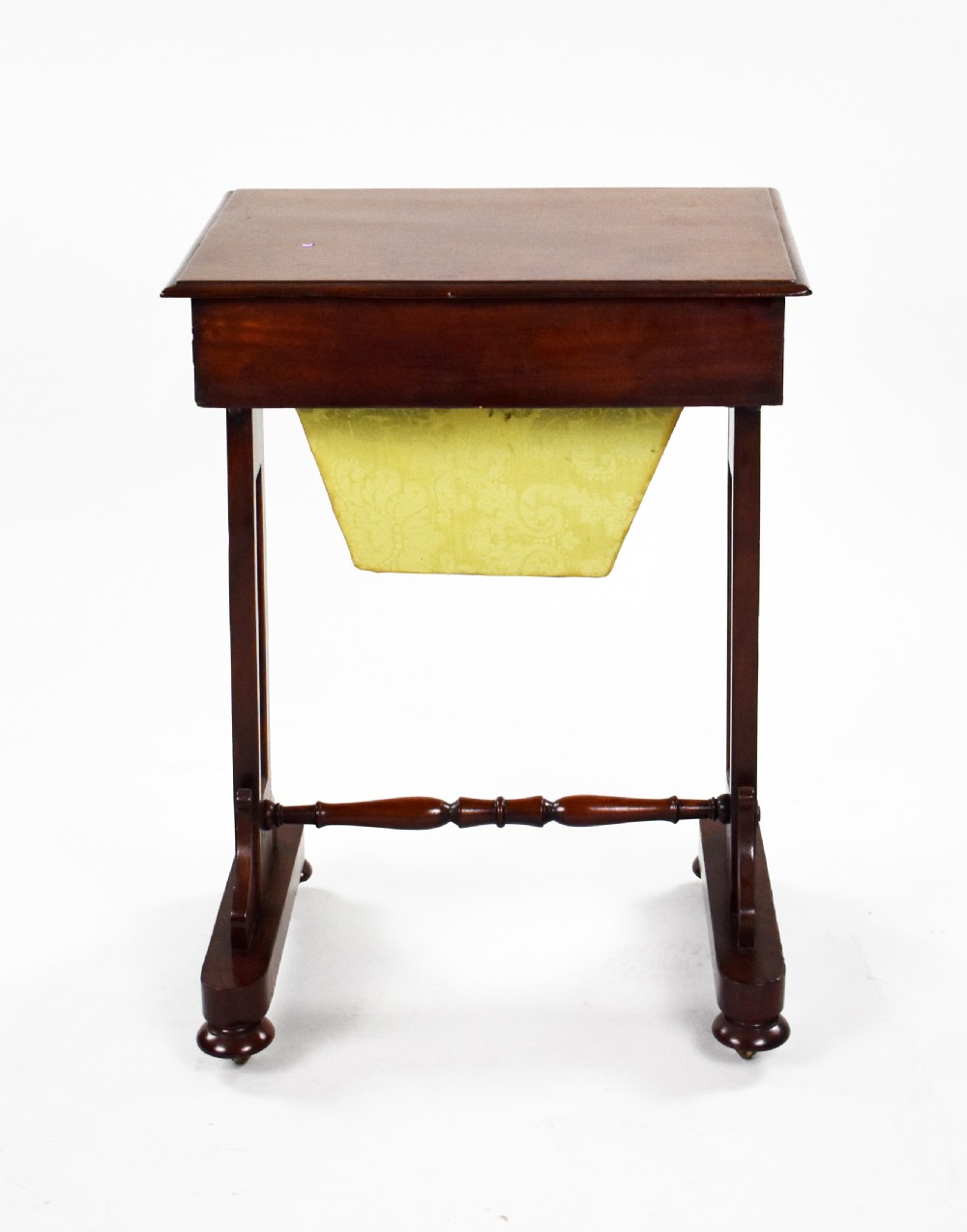 A Victorian mahogany work table featuring a single drawer with wooden knobs, a suspended yellow patterned fabric basket below, and a turned stretcher base set on castors. View VIII