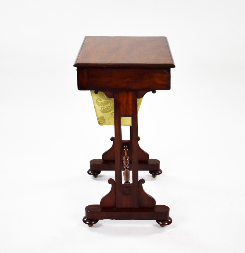 A Victorian mahogany work table featuring a single drawer with wooden knobs, a suspended yellow patterned fabric basket below, and a turned stretcher base set on castors. View IX