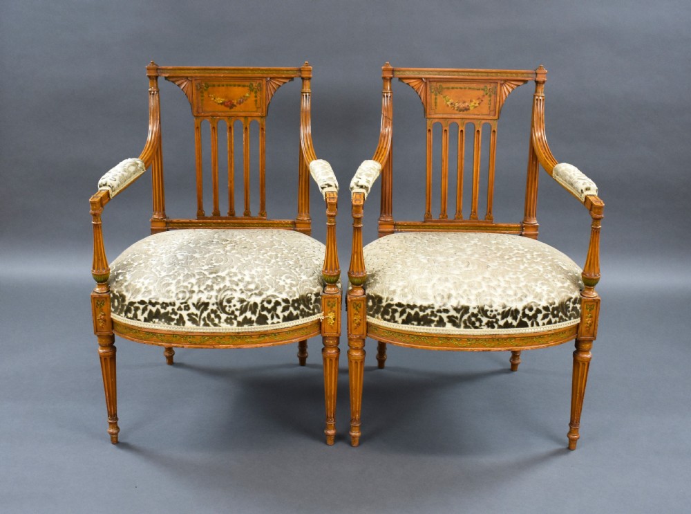 Pair of Edwardian Satinwood Hand Painted Armchairs View II