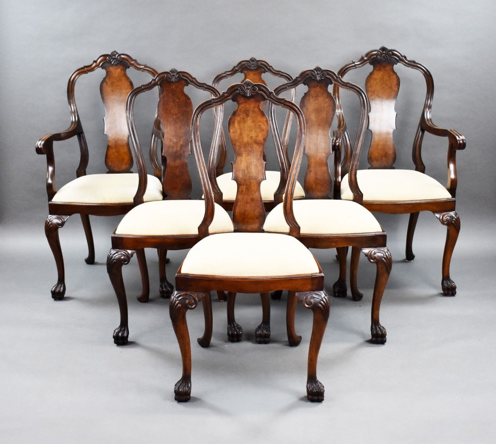 Set of 6 Antique Walnut Queen Anne Style Dining Chairs