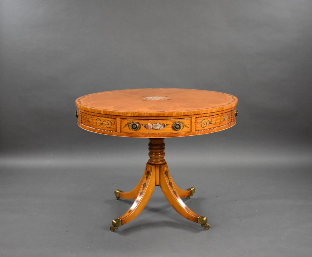 Edwardian Hand Painted Satinwood Drum Table