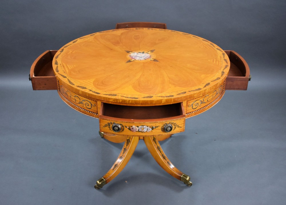 Edwardian Hand Painted Satinwood Drum Table View IX
