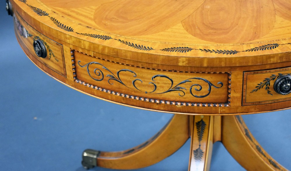 Edwardian Hand Painted Satinwood Drum Table View XV