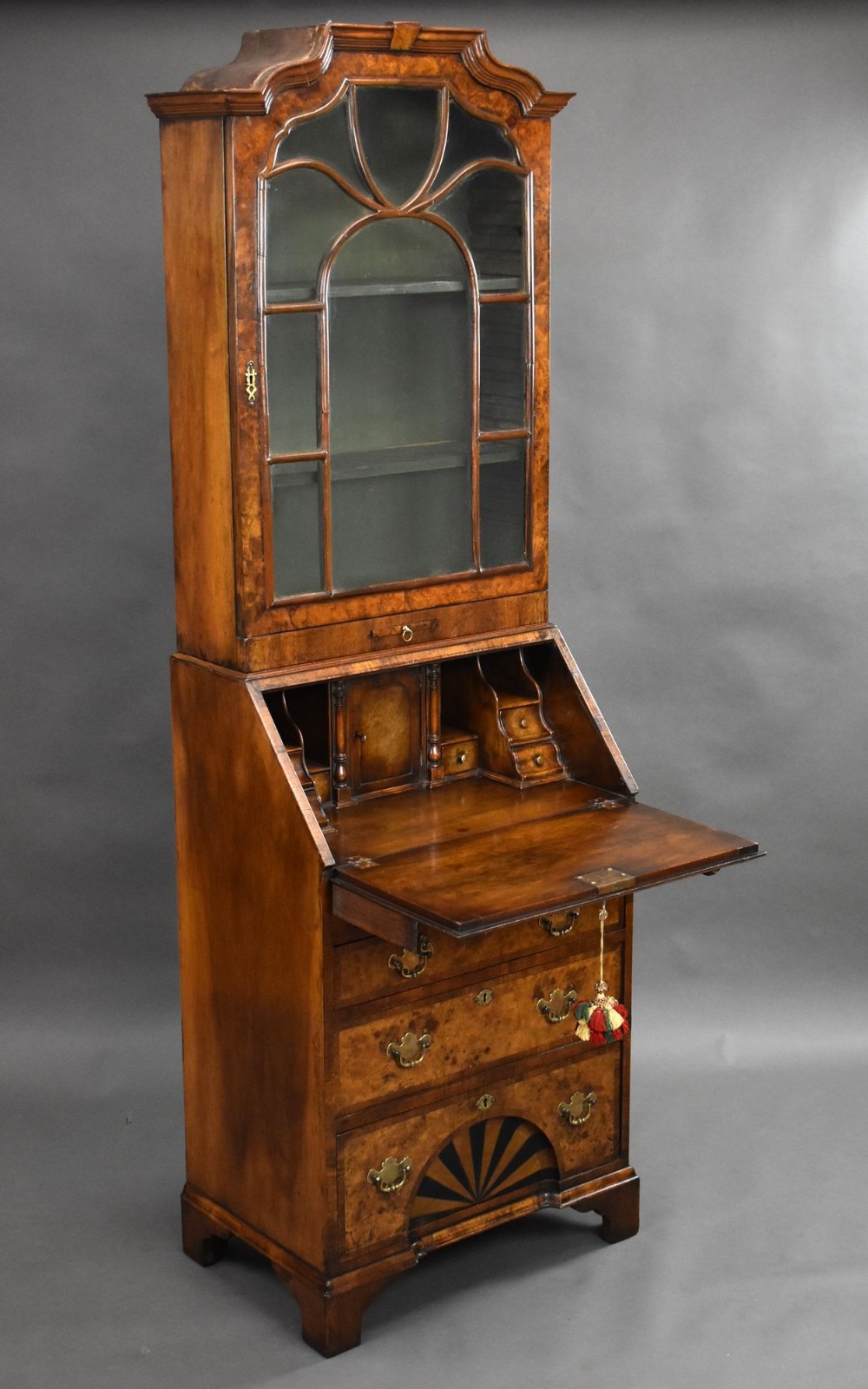 Antique Queen Anne Style Walnut Bureau Bookcase