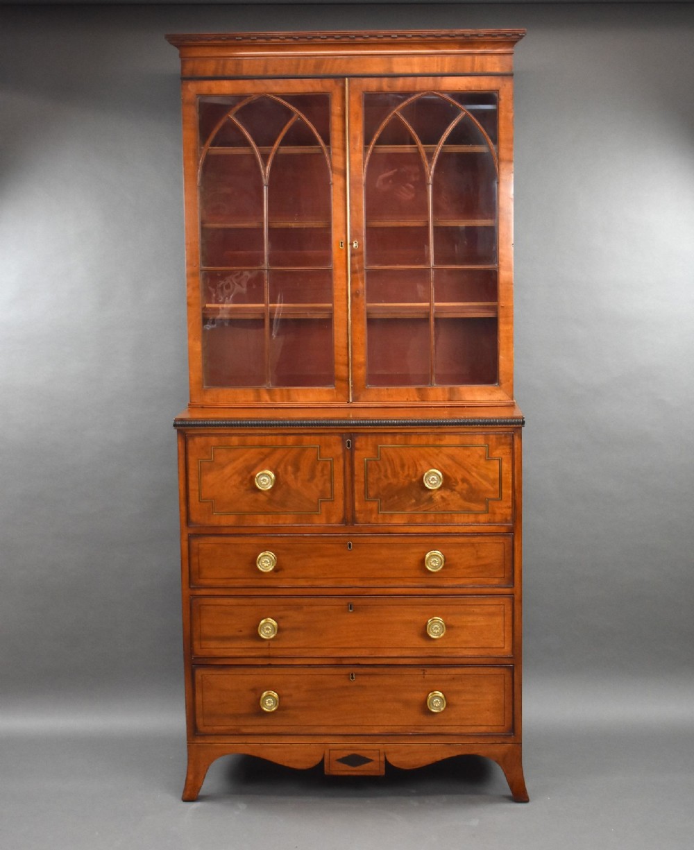George III Mahogany Brass Inlaid Secretaire Bookcase