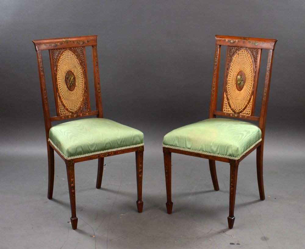 Pair of Edwardian Hand Painted Satinwood Chairs