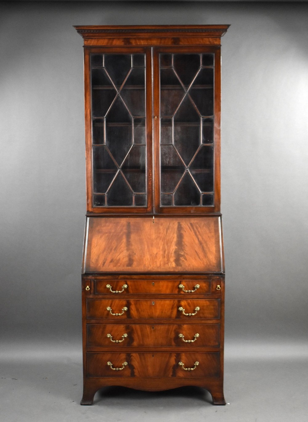 Antique Flame Mahogany Bureau Bookcase