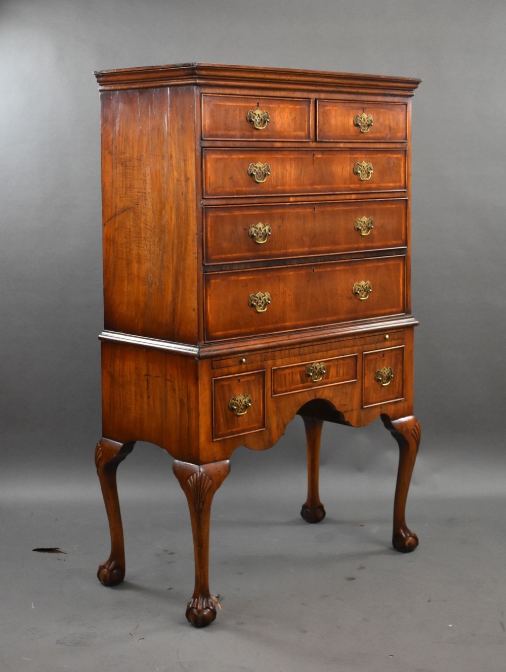 1920s Queen Anne Style Inlaid and crossbanded walnut chest on stand