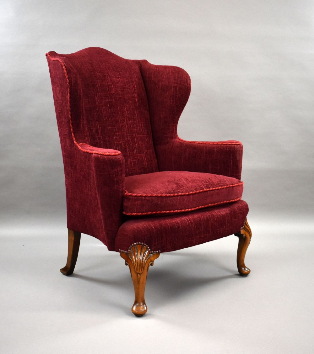 Antique Queen Anne Style Walnut Wing Back Armchair