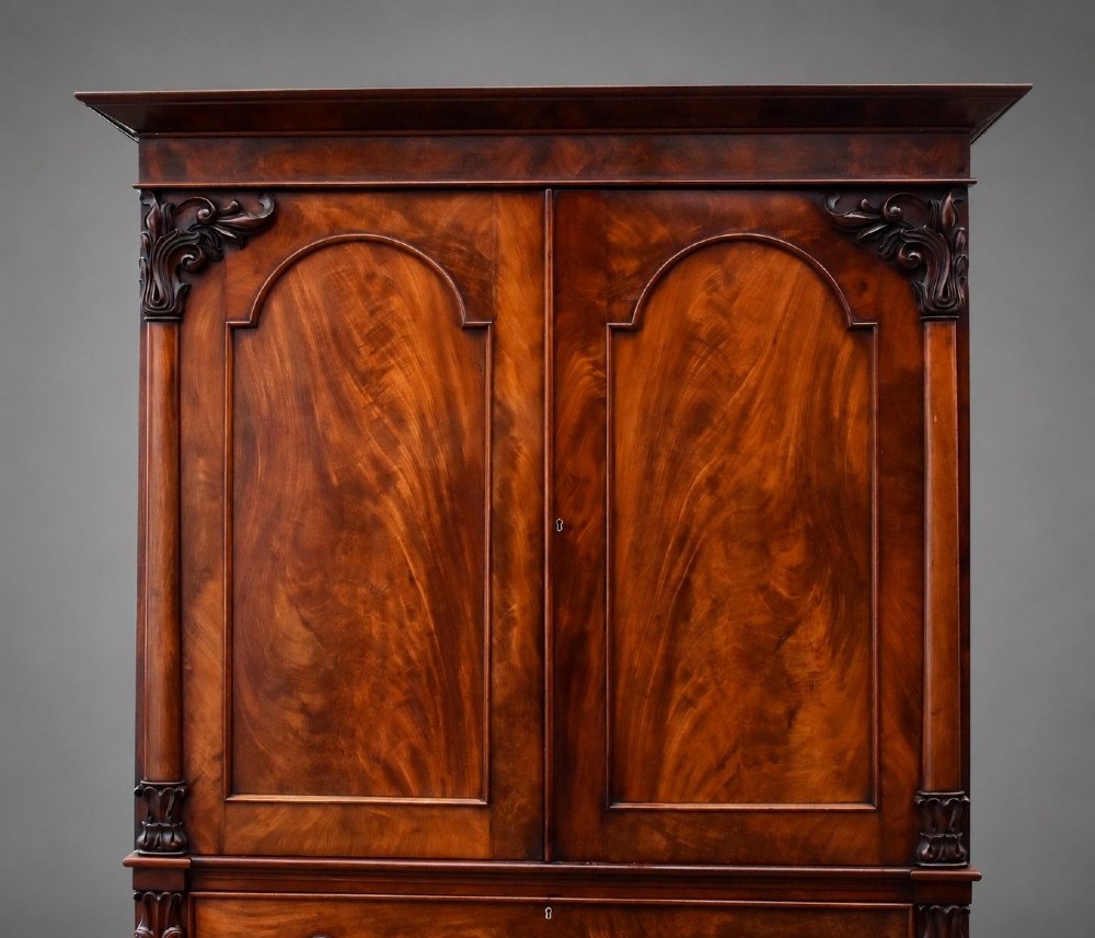 A William IV flame mahogany linen press with a carved scroll cresting, double arched panel doors, and a lower chest of drawers on turned feet. View V