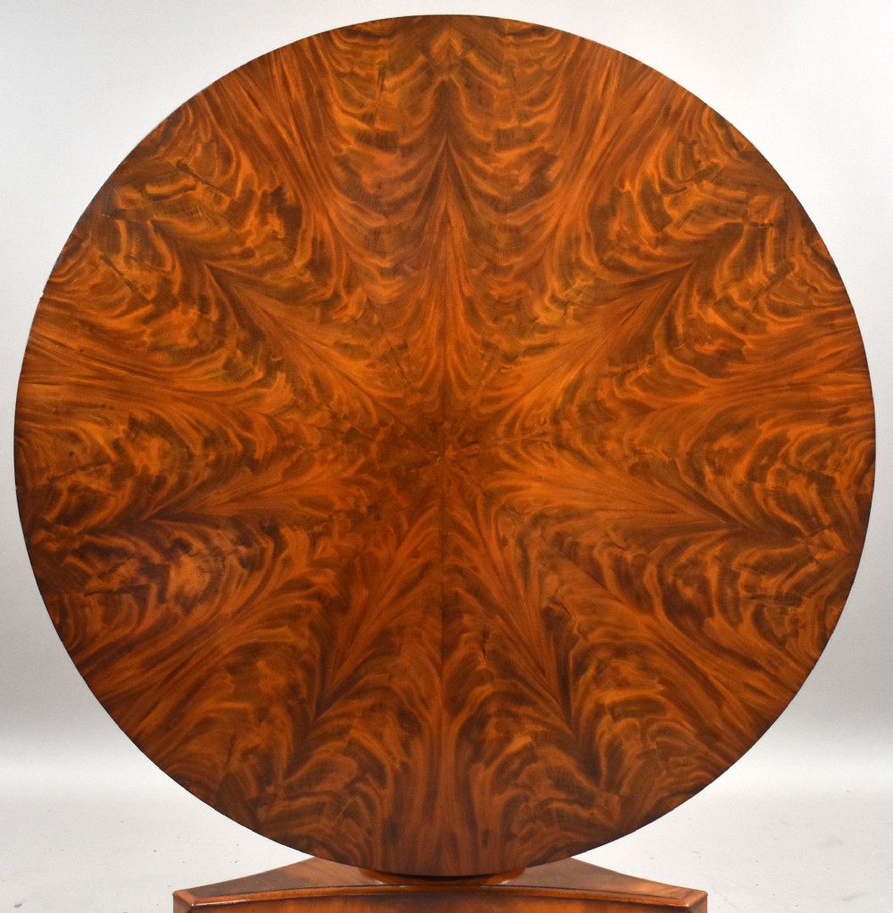A circular William IV flame mahogany tilt-top breakfast table with a starburst veneer pattern shown in a vertical tilted position on a triform pedestal base with carved scroll feet. View II