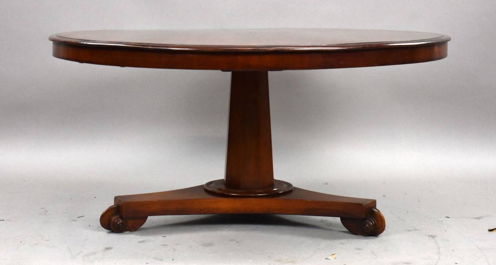 A low circular mahogany coffee table featuring a central pedestal stem on a tripartite platform base with scroll feet. View II